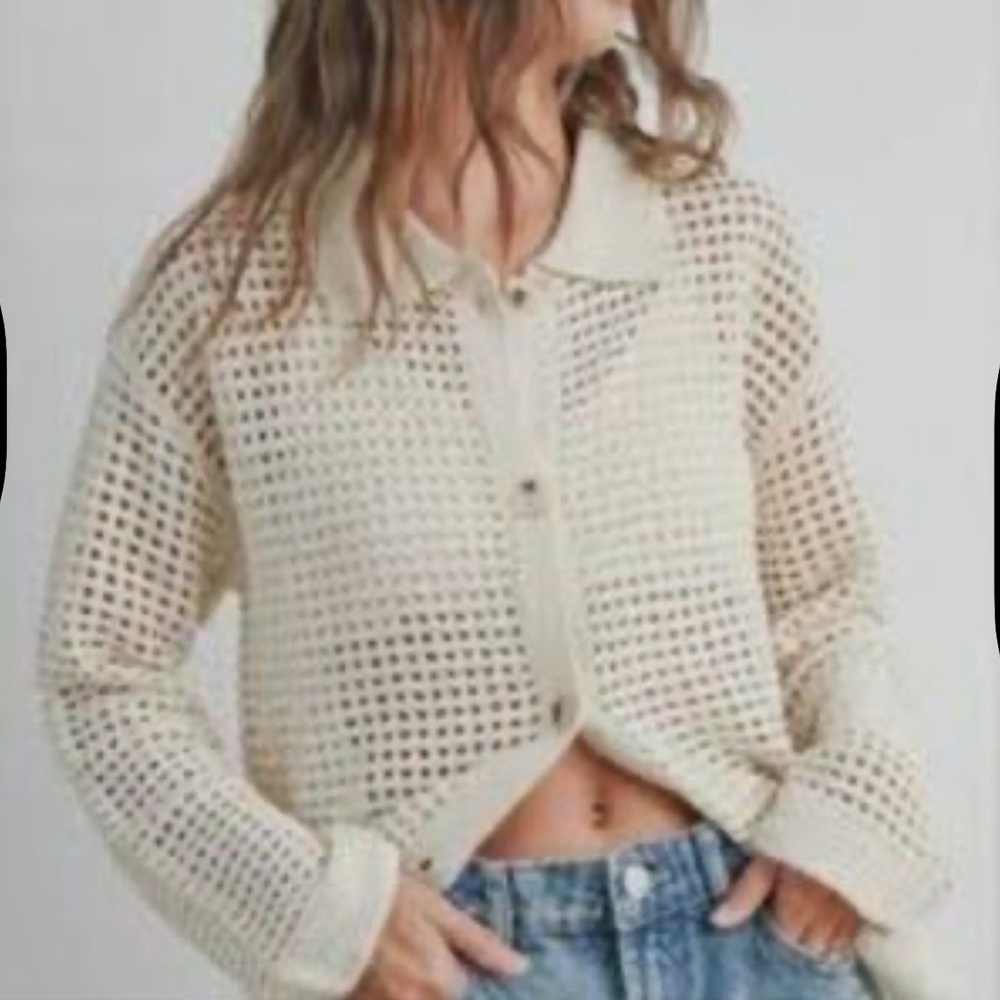 Womens open knit crochet cardigan neutral beige xs